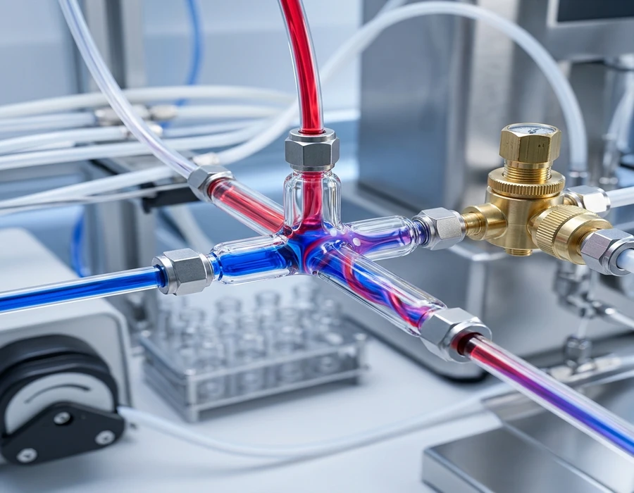 Close-up of a continuous flow chemistry microreactor manifold — precise               PTFE tubing carrying coloured reagent streams, T-junction mixers, and               back-pressure regulators visible in sharp macro detail. Cool clean               laboratory lighting. No people, no text, no labels.