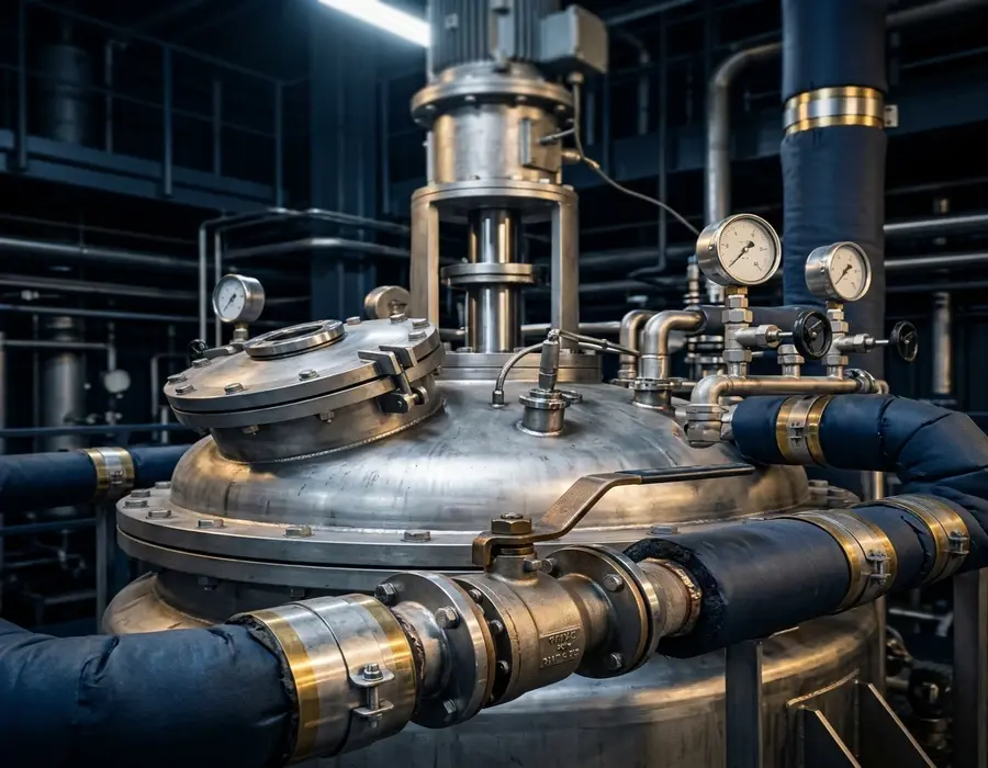 Large stainless-steel jacketed batch reactor in a process plant setting — agitator shaft, cooling jacket pipe connections, pressure gauges, and control valve visible. Clean industrial photography, dramatic overhead lighting. No people, no text, no labels visible.