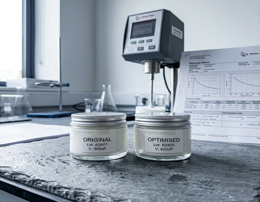 Two identical product containers side by side on a clean laboratory surface               — one labelled 