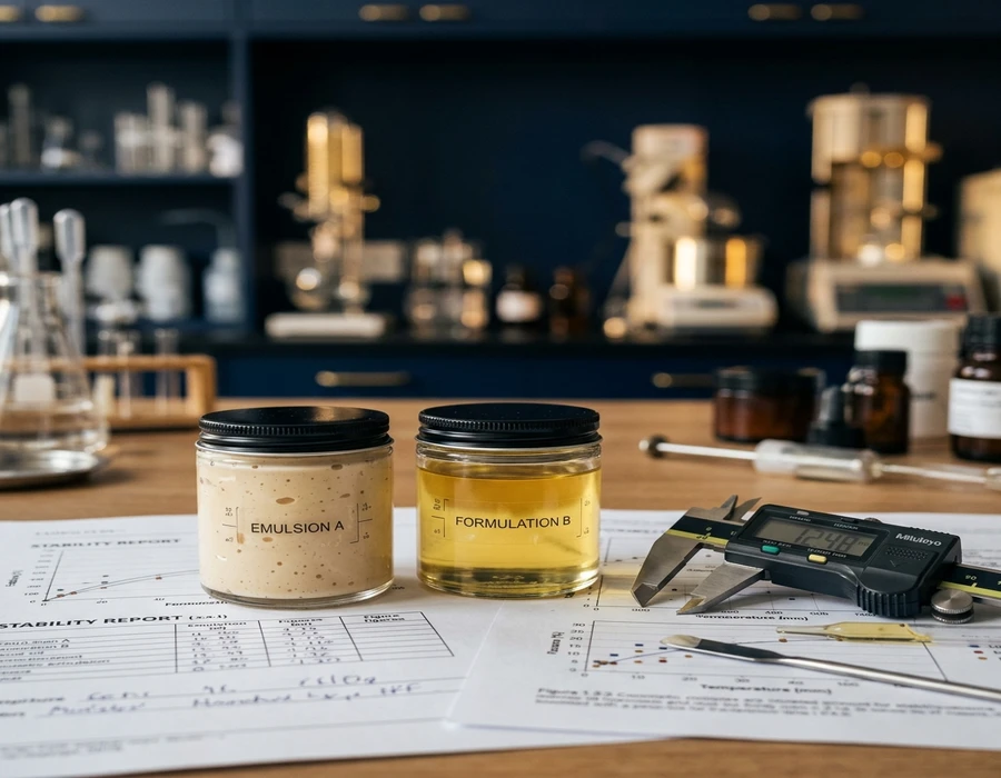 Laboratory analyst reviewing existing product test data — printed stability reports and sample jars arranged on a clean desk, with two product variants side by side for comparison. Warm neutral editorial lighting. No people, no visible screen text, no logos.