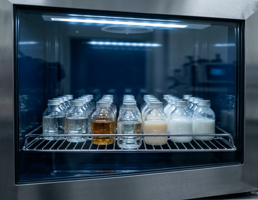 Close-up of a laboratory stability testing oven with rows of sample bottles               arranged on internal shelves — clean, orderly, scientific. Cool blue-white               overhead lighting casting sharp shadows. No people, no labels,               no text visible in frame.