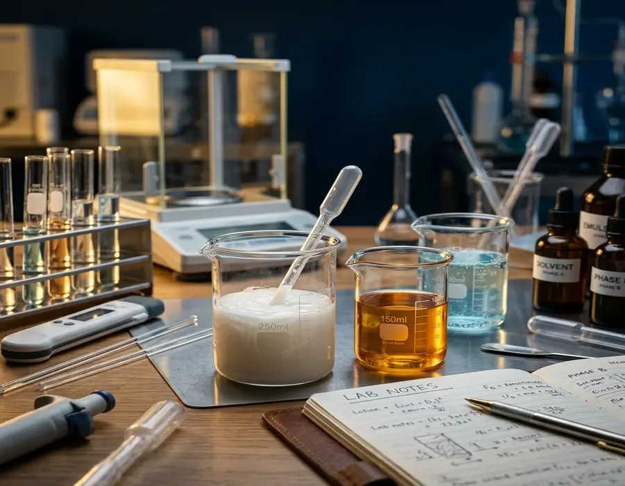 Formulation chemist's workbench. Multiple glass beakers containing coloured formulations at different stages — white emulsion, amber lubricant base, pale blue cleaner. Clean bench surface, pipettes and notes visible. Warm neutral editorial lighting. No people, no text in frame.