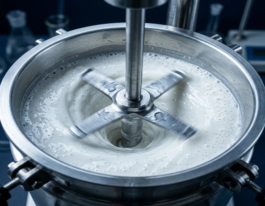 Close-up of a high-shear laboratory mixer blade creating a smooth               vortex in white emulsion inside a stainless-steel vessel. Slightly               dramatic contrast, cool steel highlights. No people, no labels,               no text in frame.