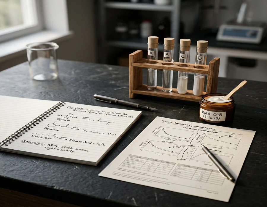 Neatly organised laboratory notebook open to formulation notes alongside               a printed specification document, a small test tube rack, and a jar of               white cream product. Muted warm tones, 45° angle shot. No faces, no               screens, no visible text in frame.